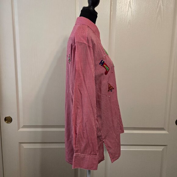 MiLi Designs Women's Red/White Button Up Blouse/Top Embellished Christmas Size M - Picture 2 of 10